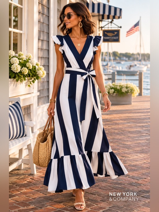 New York & Company Dresses & Skirts - New York & Co.,YachtWear Navy/White Striped Flounce Dress,Flutter Sleeves,Size S